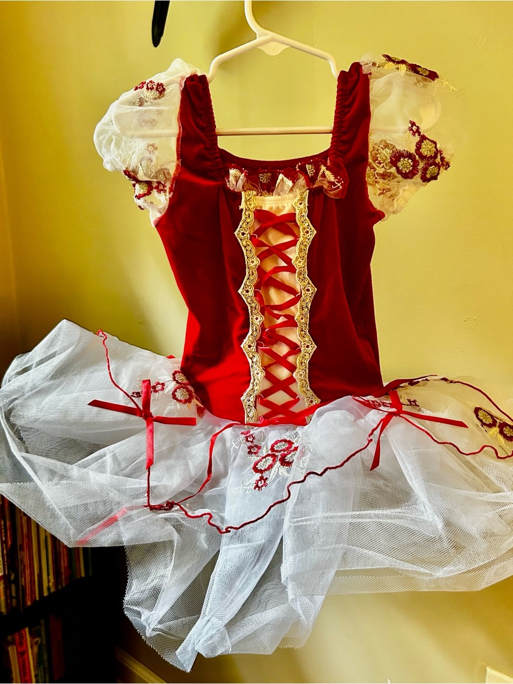 Red and White Floral Lace-Up Ballet Costume for Kids